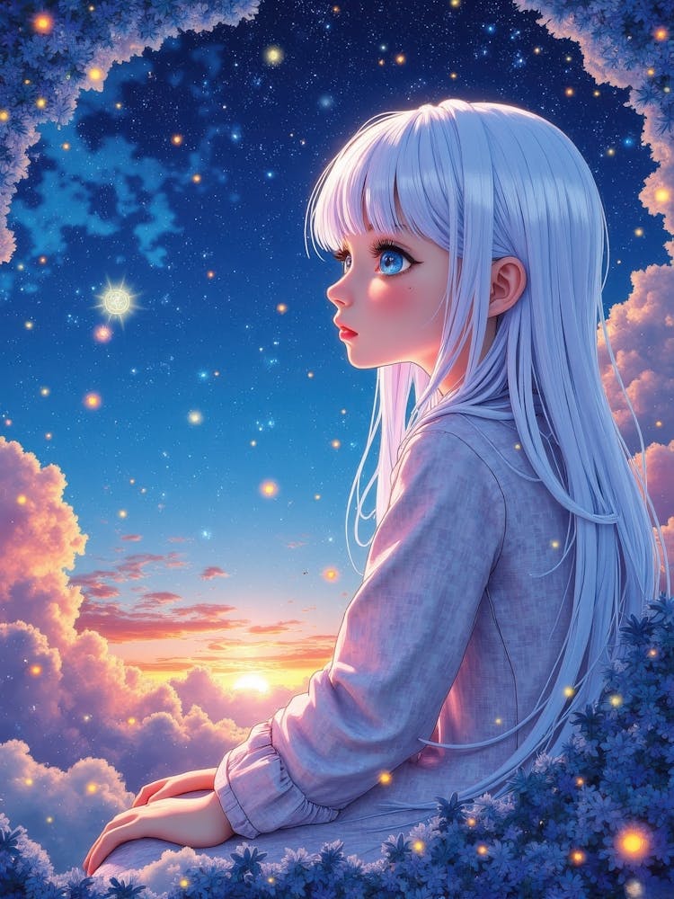 Anime Girl Sitting In The Clouds