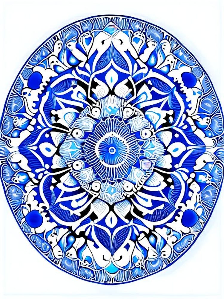 Mandala Symbol Blue And White Line Drawing