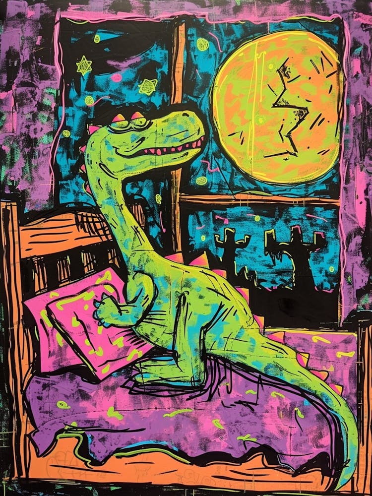 Dinosaur Snoozing In Bed At Night Abstract Illustration 2