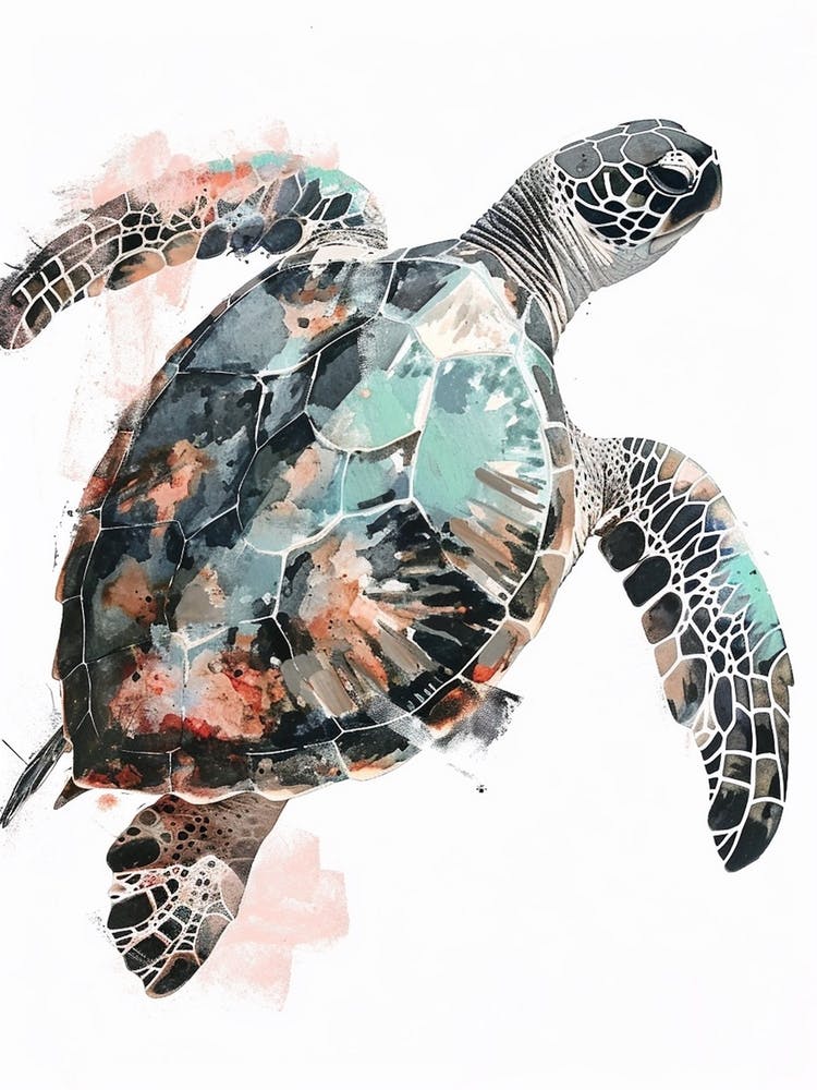 Neutral Watercolour Style Sea Turtle On A White Background