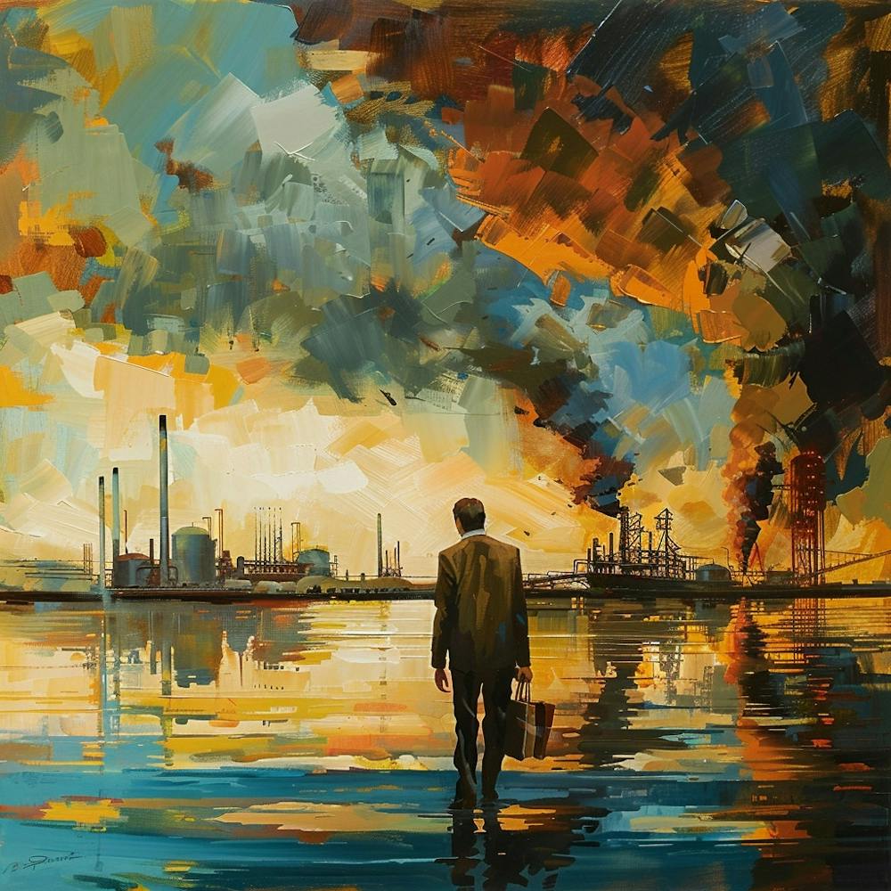 Ecological Disaster - Business Man Walks By A Factory