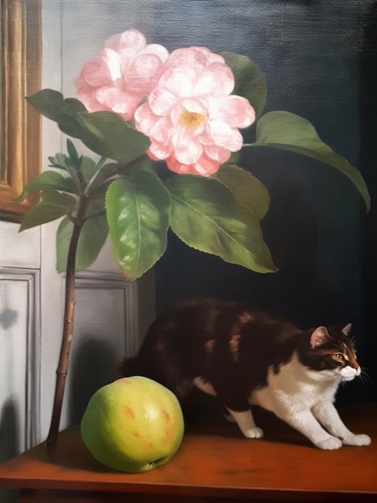 Painting Of A Still Life Of A Apple Blossom With A Cat, Realism 3