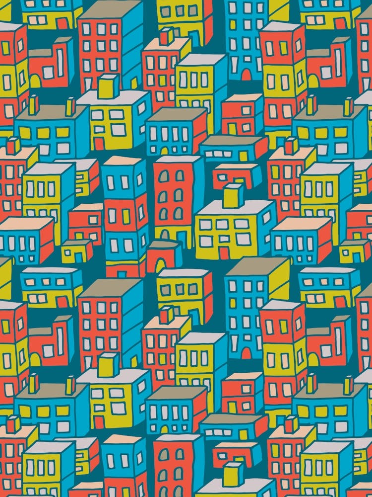 DOWNTOWN Urban City Architecture Line Drawing Buildings Highrises Skyscrapers in Bright Vintage Retro Colours Red Yellow Blue Teal Gray