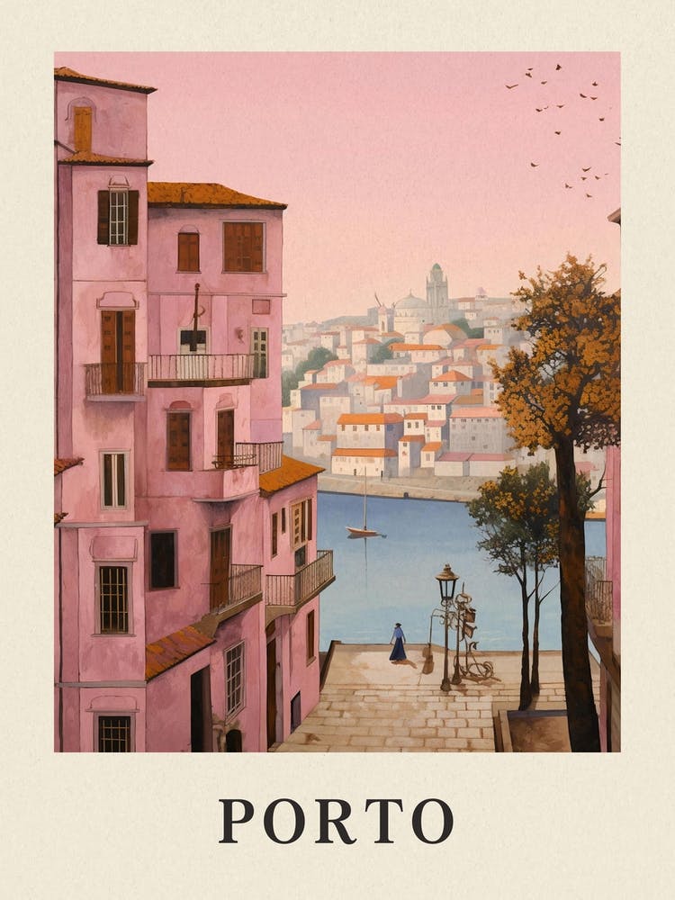 Porto Portugal 1 Vintage Pink Travel Illustration Poster