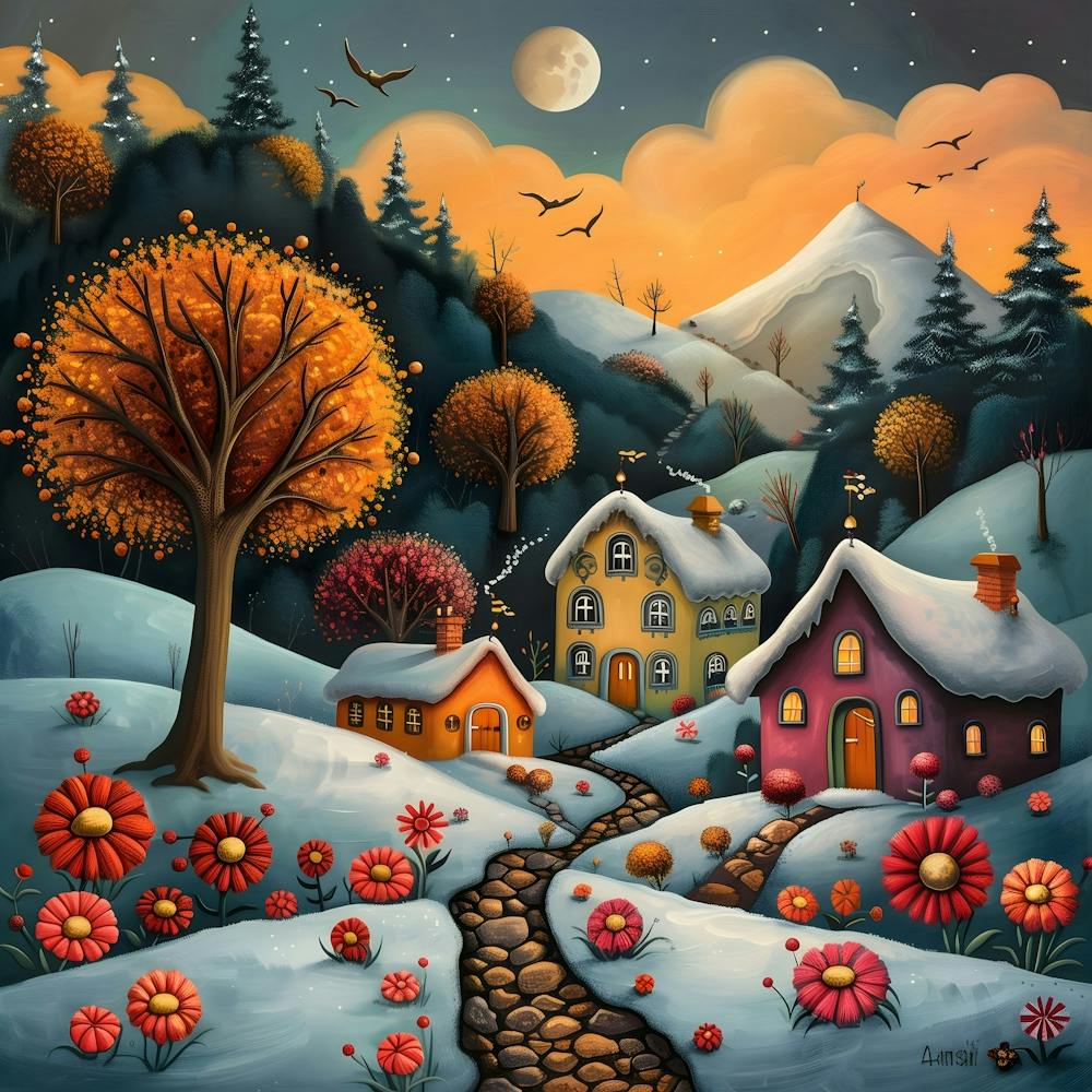 Winter Village, Naive, Whimsical, Folk