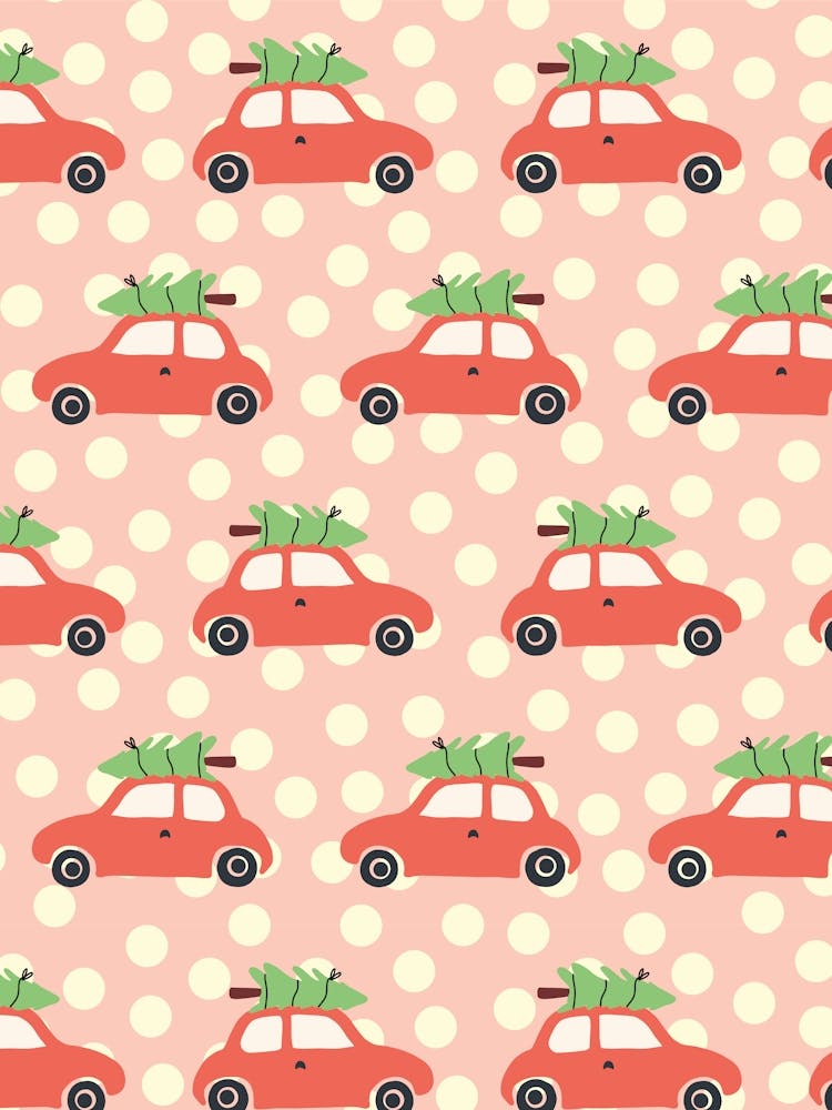 Little Red Cars with Bright Green Christmas Trees Light Pink and Cream Polka Dot