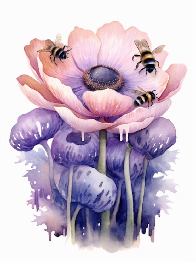 Beehive With Anemone Flower Watercolour Illustration 4