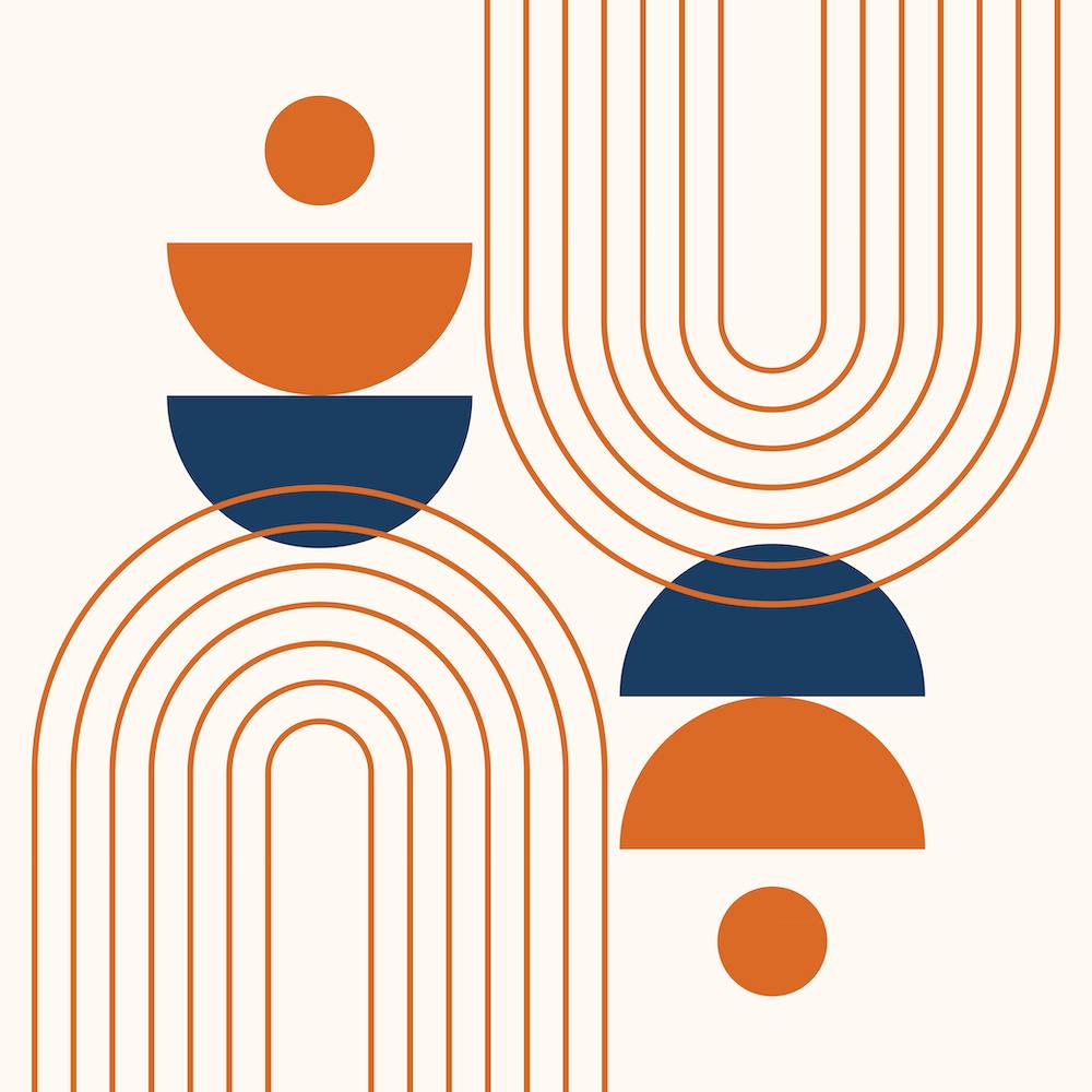 Mid Century Modern Geometric, Moon Phases, Sun and Rainbow in Navy Blue Retro Burnt Orange