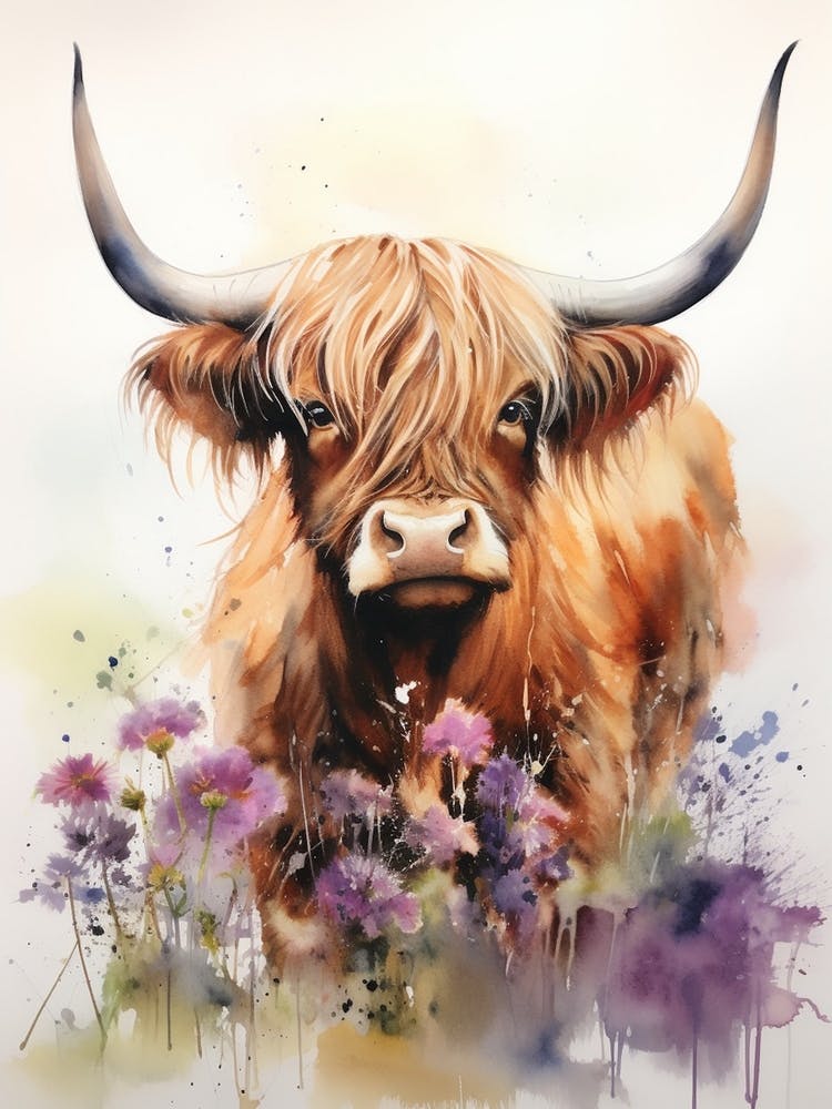 Highland Cow In Wildflower Field Watercolour 3