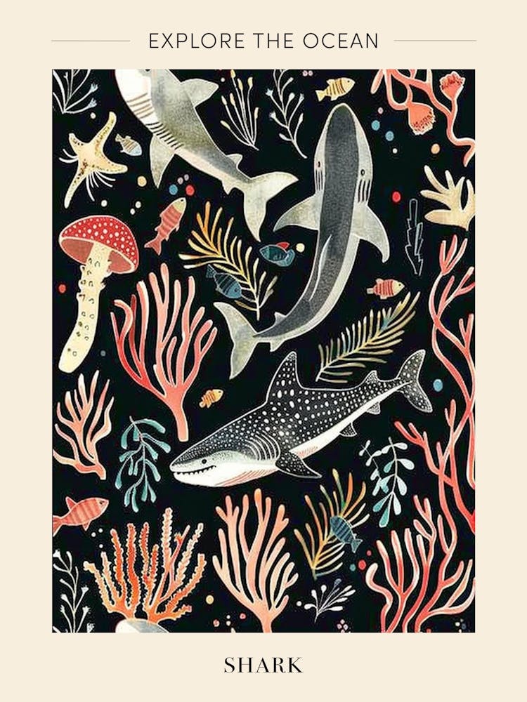 Shark Pattern Seascape Black Background Illustration 1 Poster