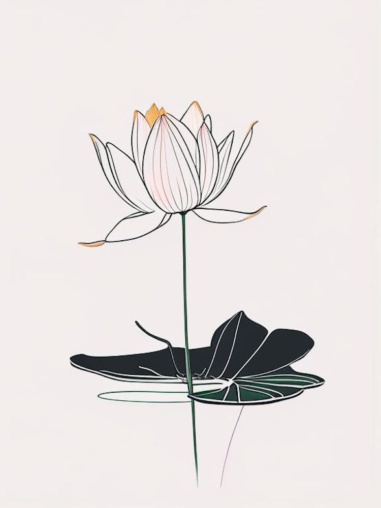Blooming Lotus Flower In Pond Minimal Line Drawing 7