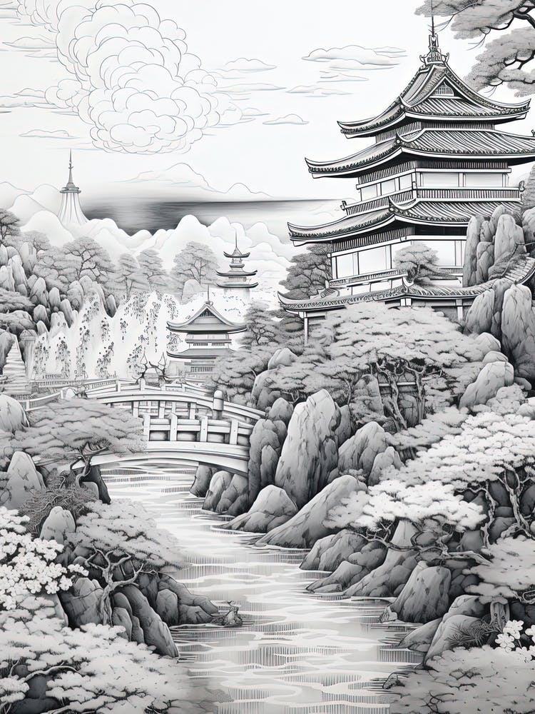 Okinawa Islands In Okinawa, Ukiyo E Black And White Line Art Drawing 1