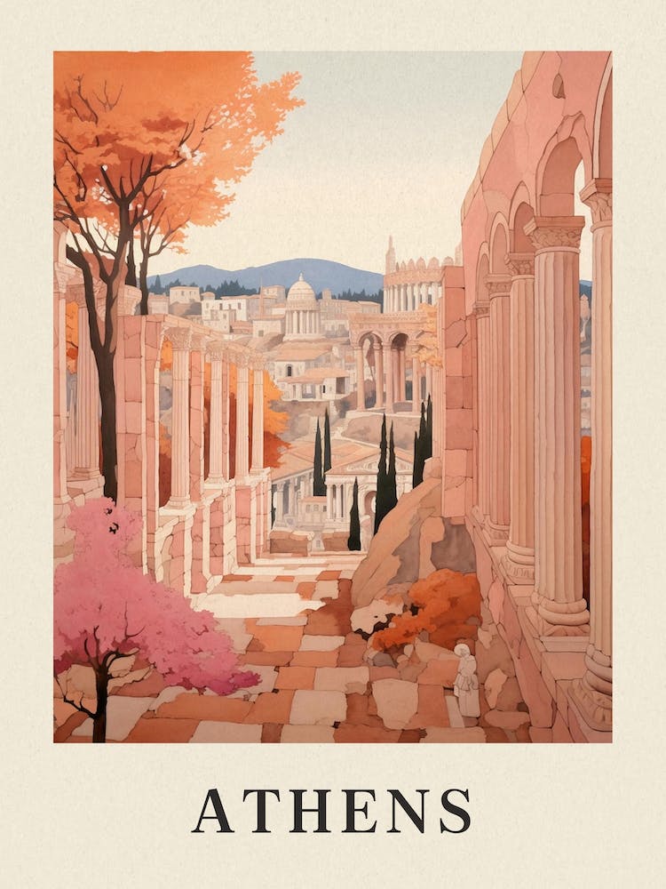 Athens Greece 2 Vintage Pink Travel Illustration Poster