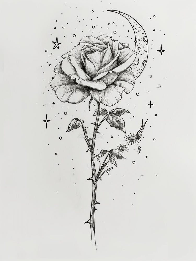 English Rose Moon And Stars Line Drawing 2