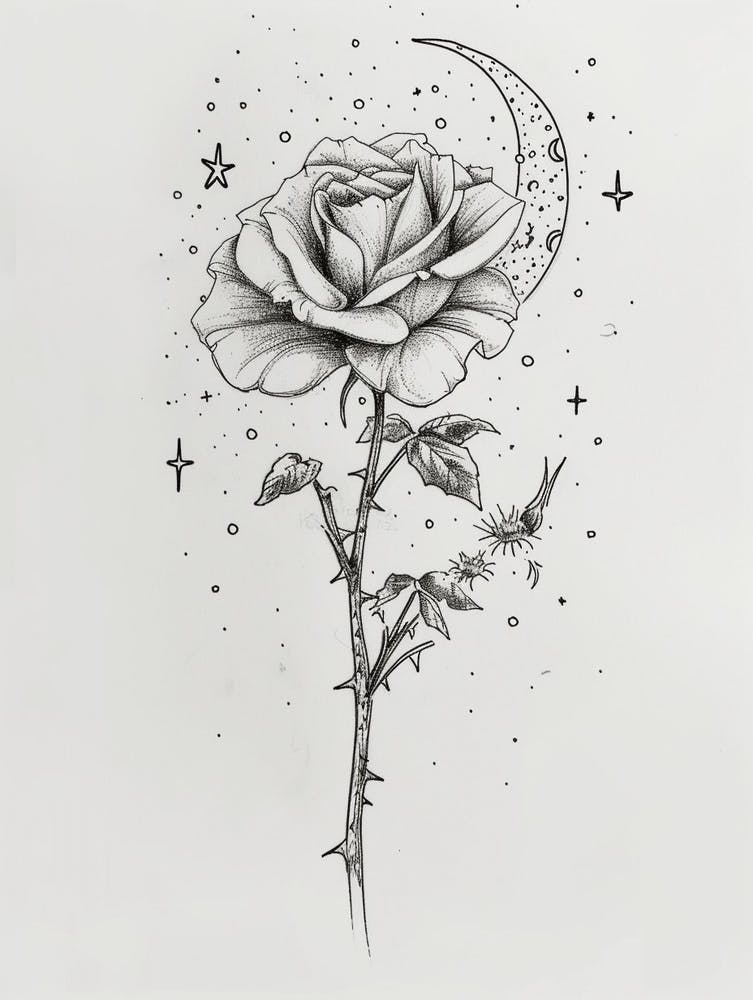 English Rose Moon And Stars Line Drawing 2