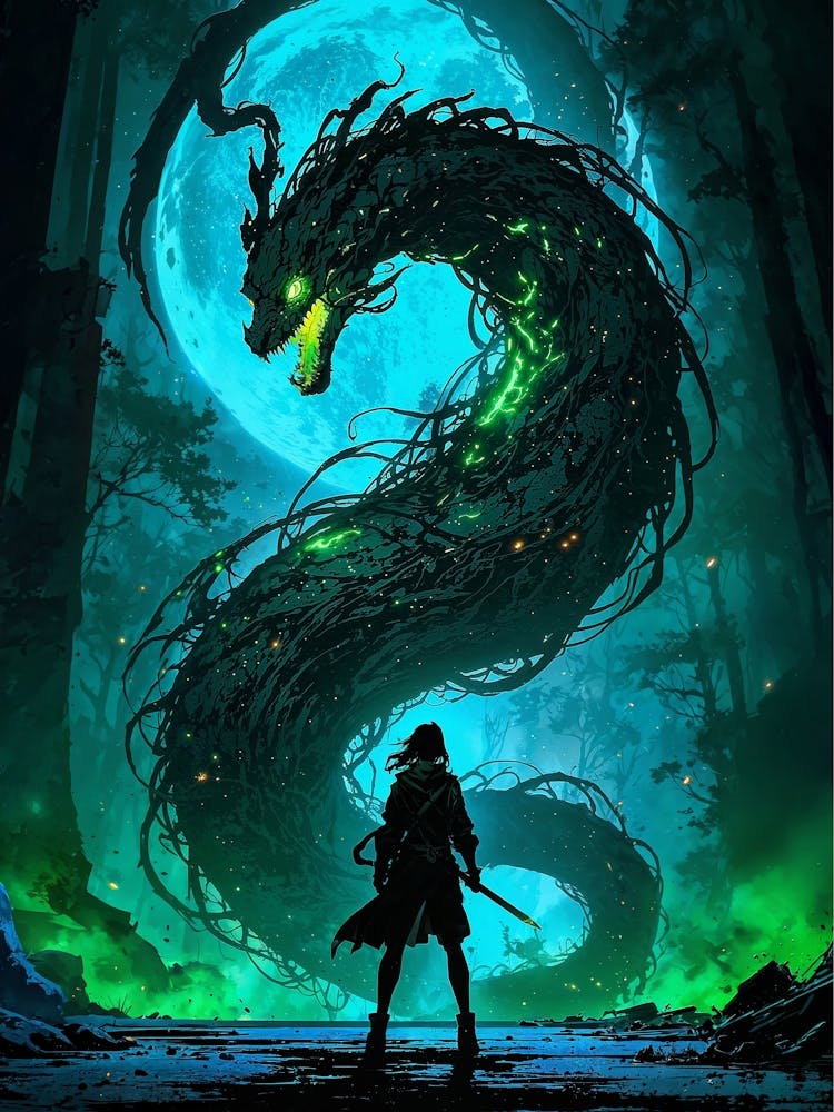 Epic Snake Dragon in the Forest: A shadowy figure, a warrior with a sword, stands facing a colossal, serpentine dragon made of vines and branches. The dragon's glowing green eyes and mouth are menacing, and its body is illuminated by a large, blue moon. T