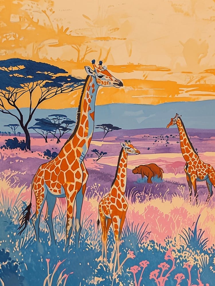 Giraffe In The Wild With Other Animals Watercolour Style 4