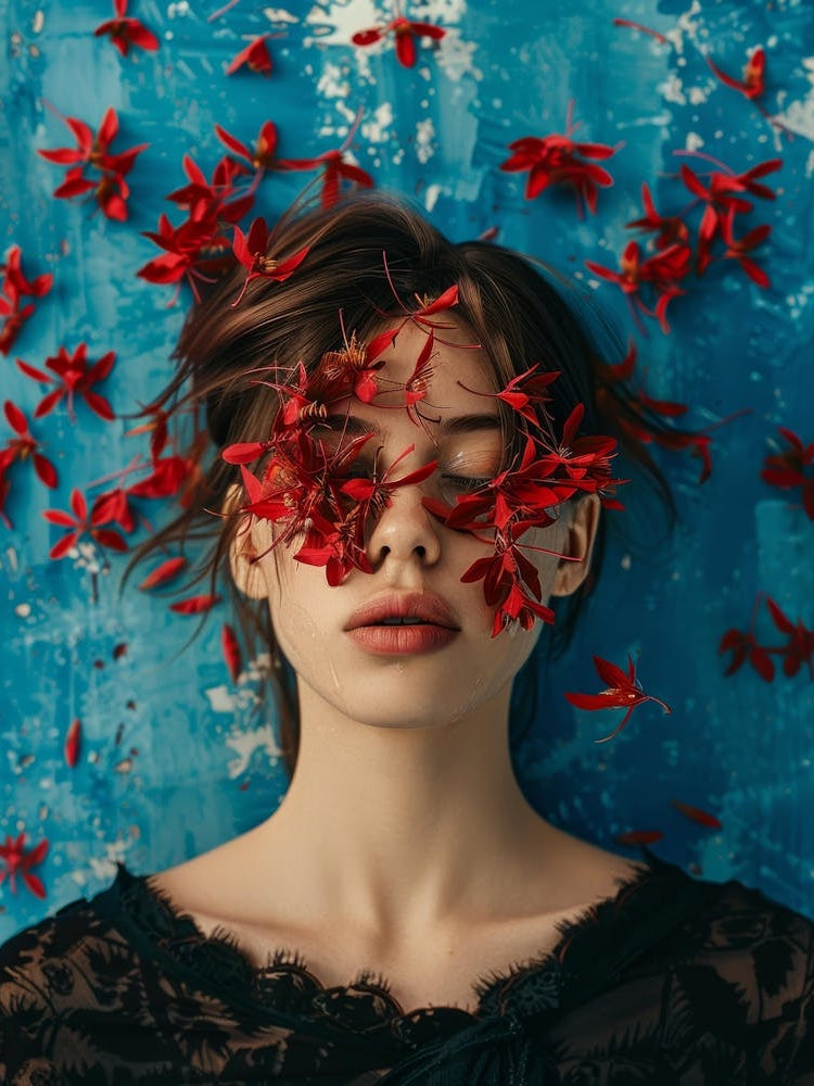 Red Flowers On A Woman'S Face