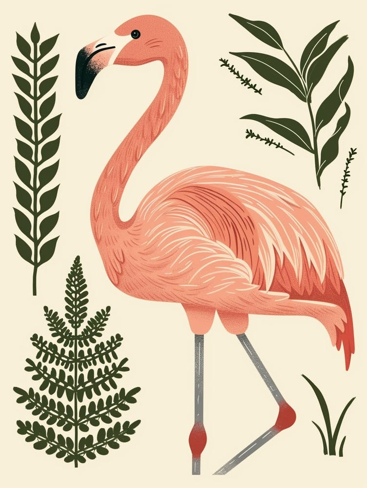 Andean Flamingo And Ferns Minimalist Illustration 1
