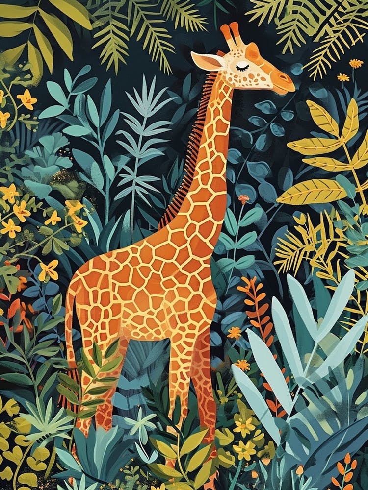Giraffe With Leaves Colourful Illustration 1