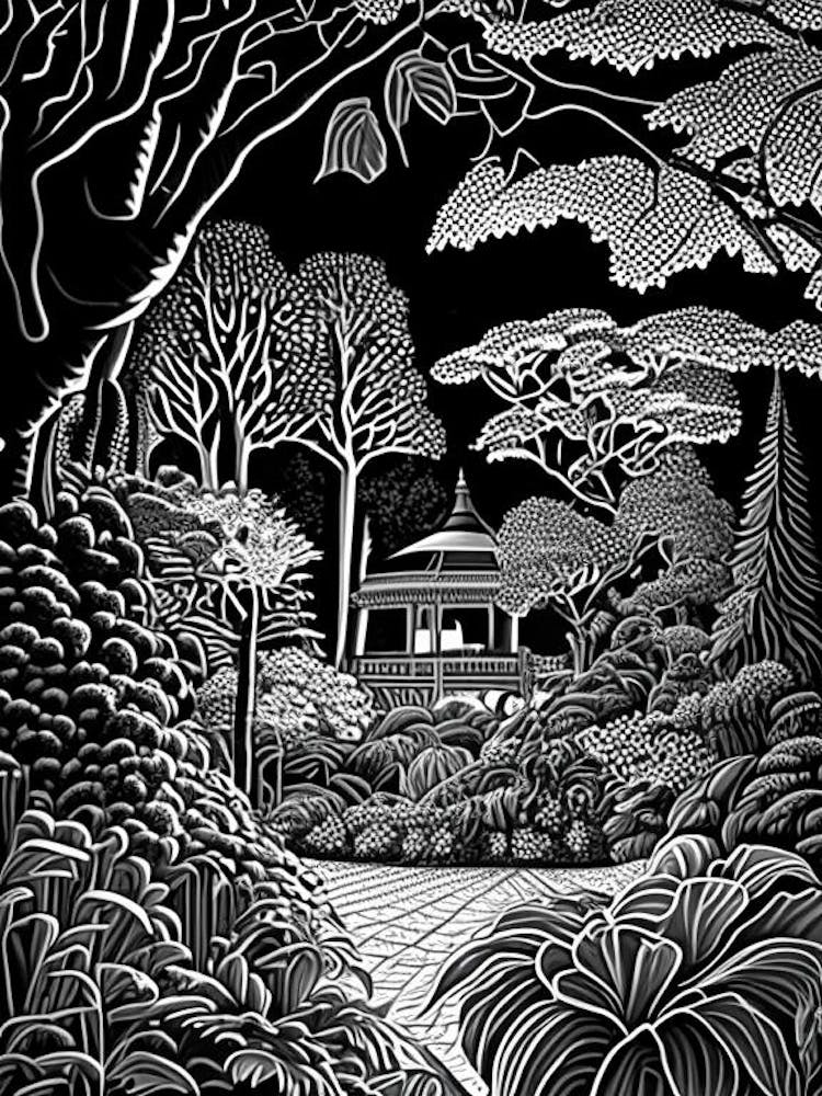 Montreal Botanical Garden,1,  Canada Linocut Black And White Vintage
