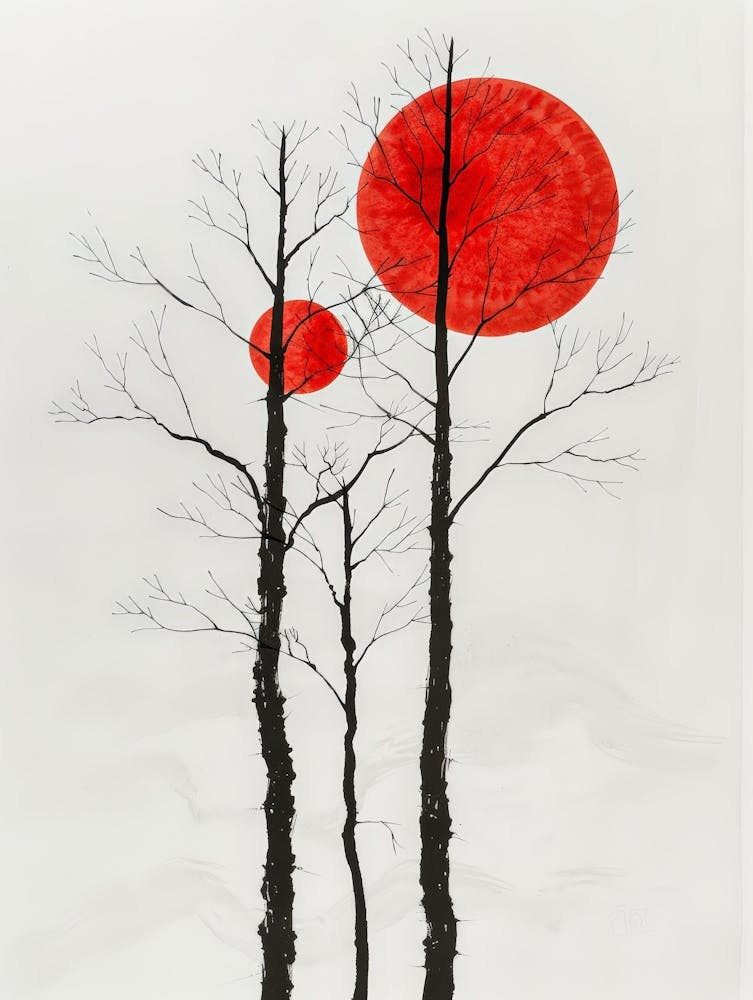 Trois Arbres Avec Soleil Rouge