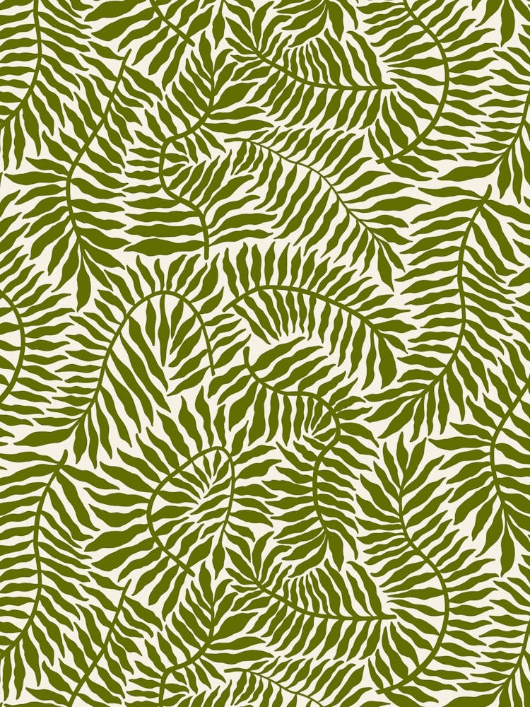 Flowing Fern Leaves - Moss Green on Cream White