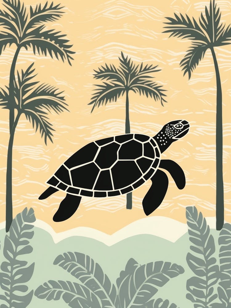 Modern Digital Sea Turtle Illustration Palm Trees 4