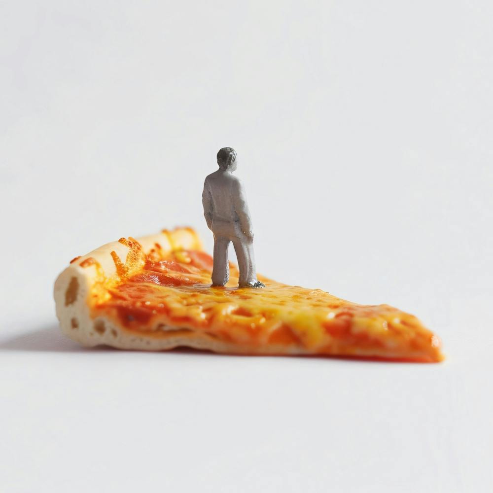 Homme Debout Sur Une Part De Pizza