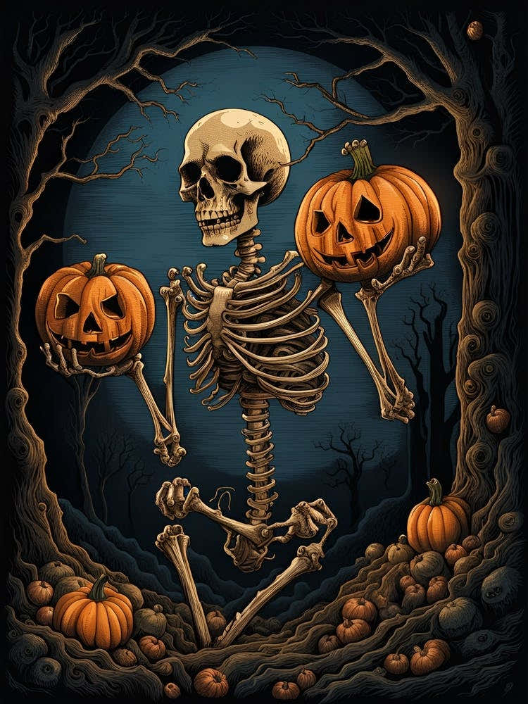 Halloween Skeleton Holding Pumpkins