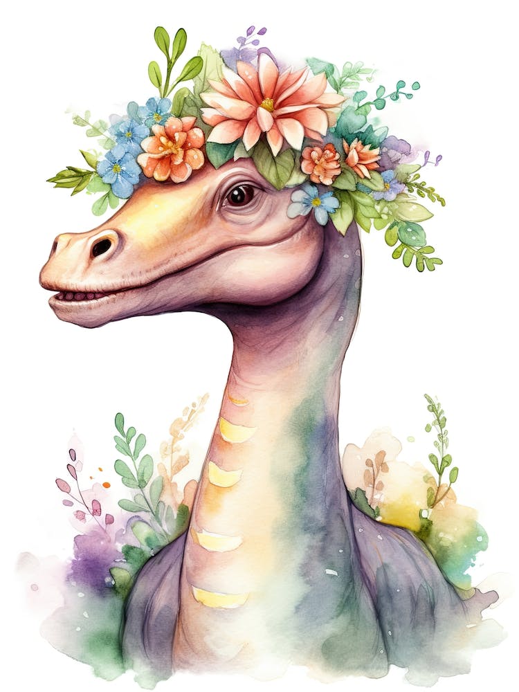 Brachiosaurus With A Crown Of Flowers Cute Dinosaur Watercolour 3