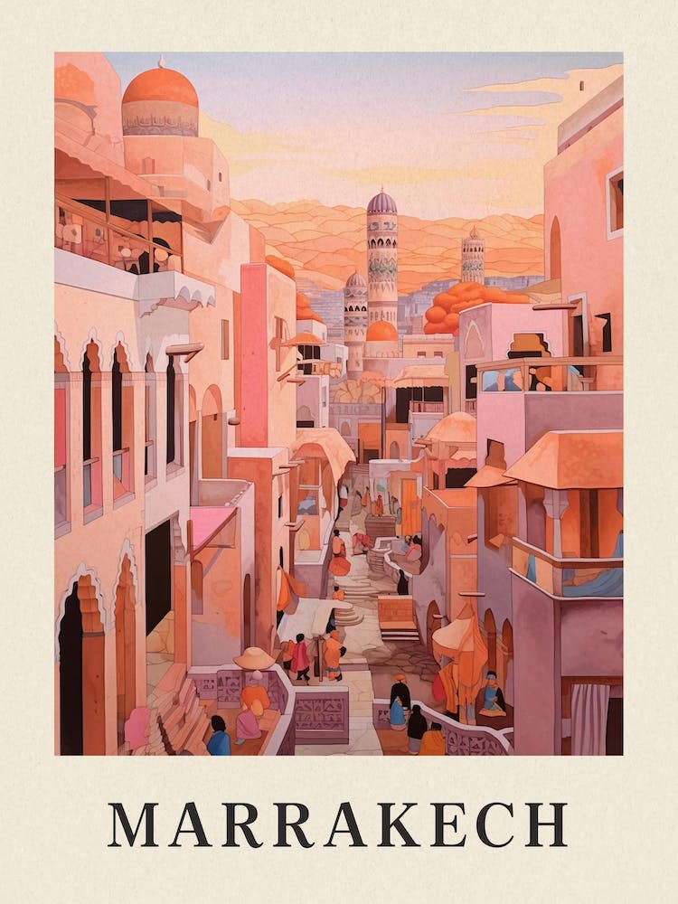 Marrakech Morocco 2 Vintage Pink Travel Illustration Poster
