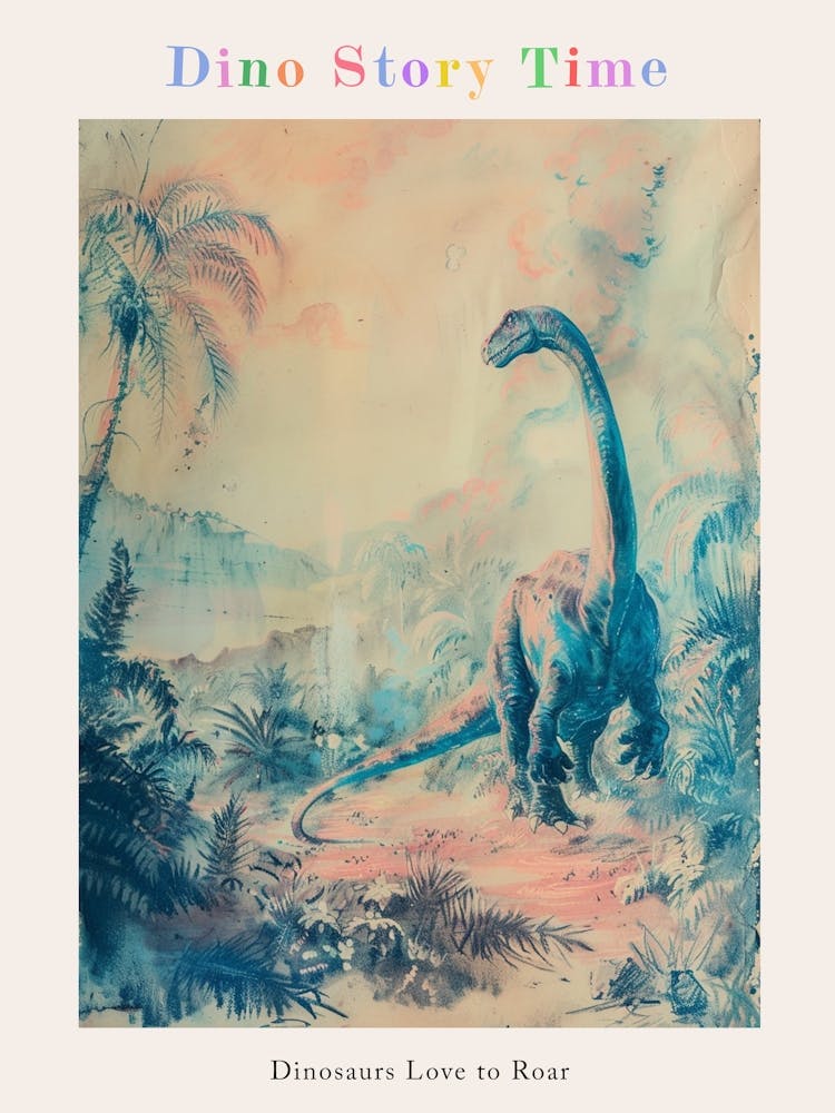 Dinosaur Storybook Pastel Watercolour Painting 2 Poster