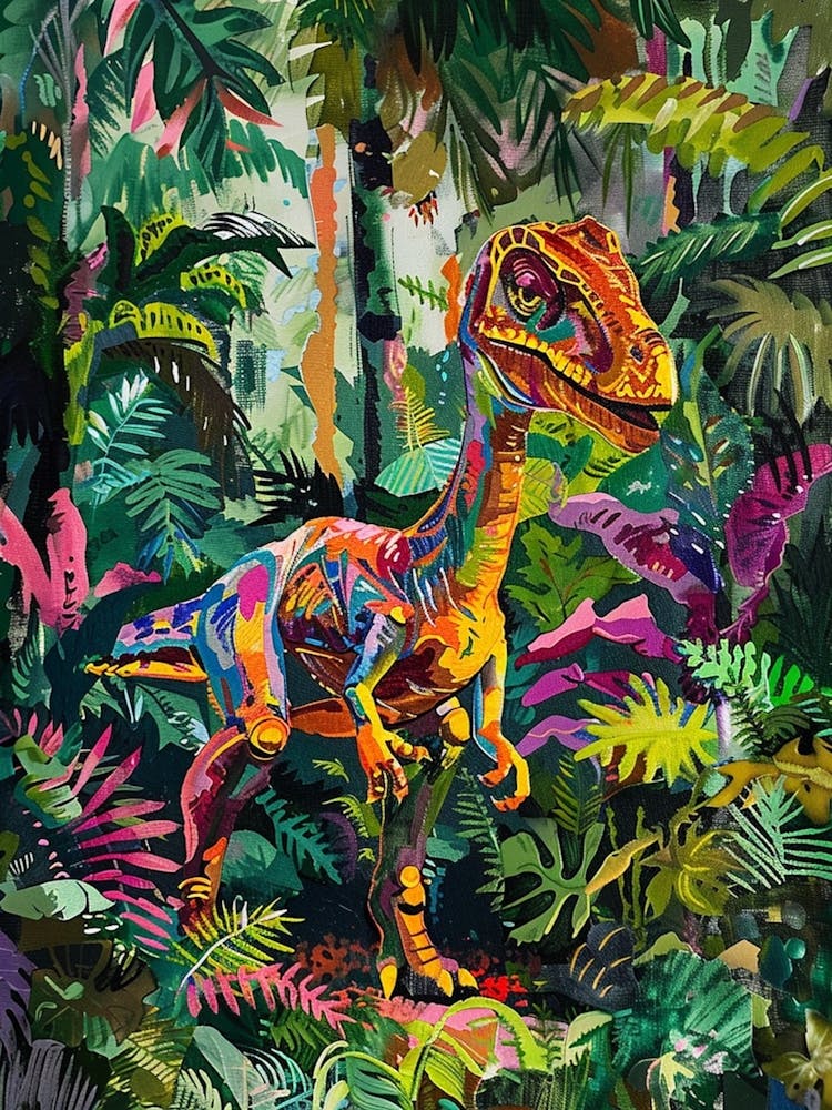 Colourful Dinosaur In The Leafy Jungle Painting