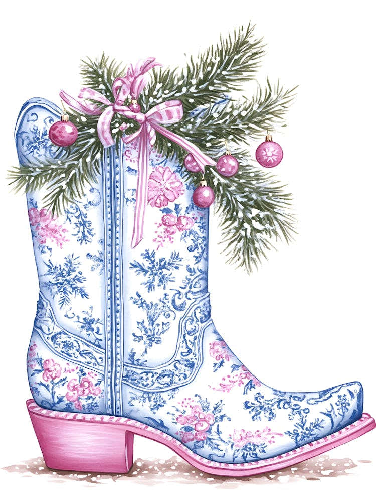 Blue Christmas Cowboy Boot