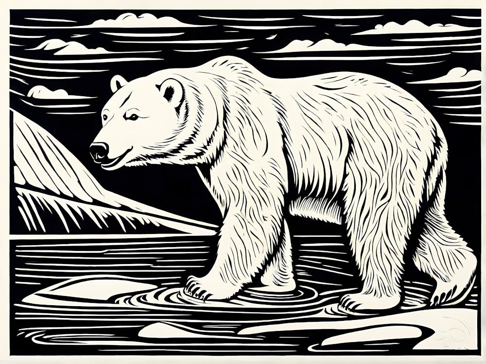 Polar Bear Cavorting In The Arctic Expanse Linocut Art, animal art, 160