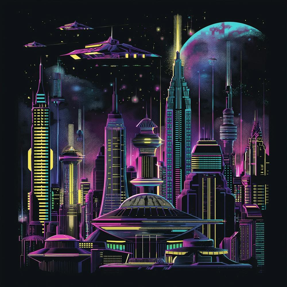 Design A Retro Futuristic T Shirt Featuring A Vibrant, Neon Colored Skyline Against A Dark Background, Capturing The Essence Of 70s And 80s Sci Fi With Futuristic Cities, Flying Cars, Domed Buildings, And Towe