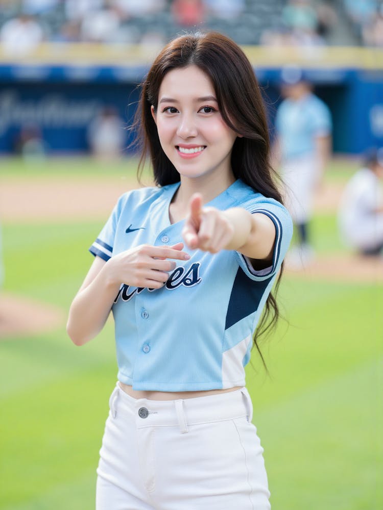 Asian Girl In Baseball Uniform