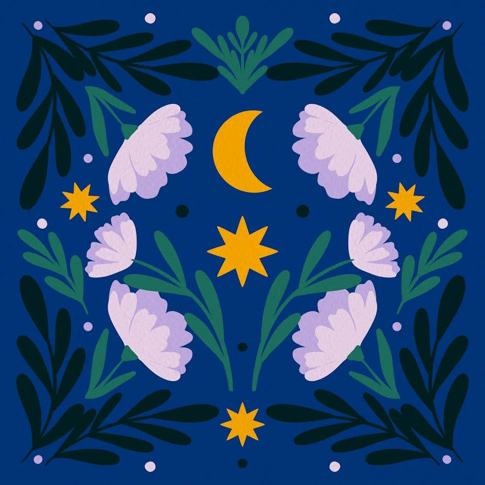 Stars Moon And Flowers - Starry Night