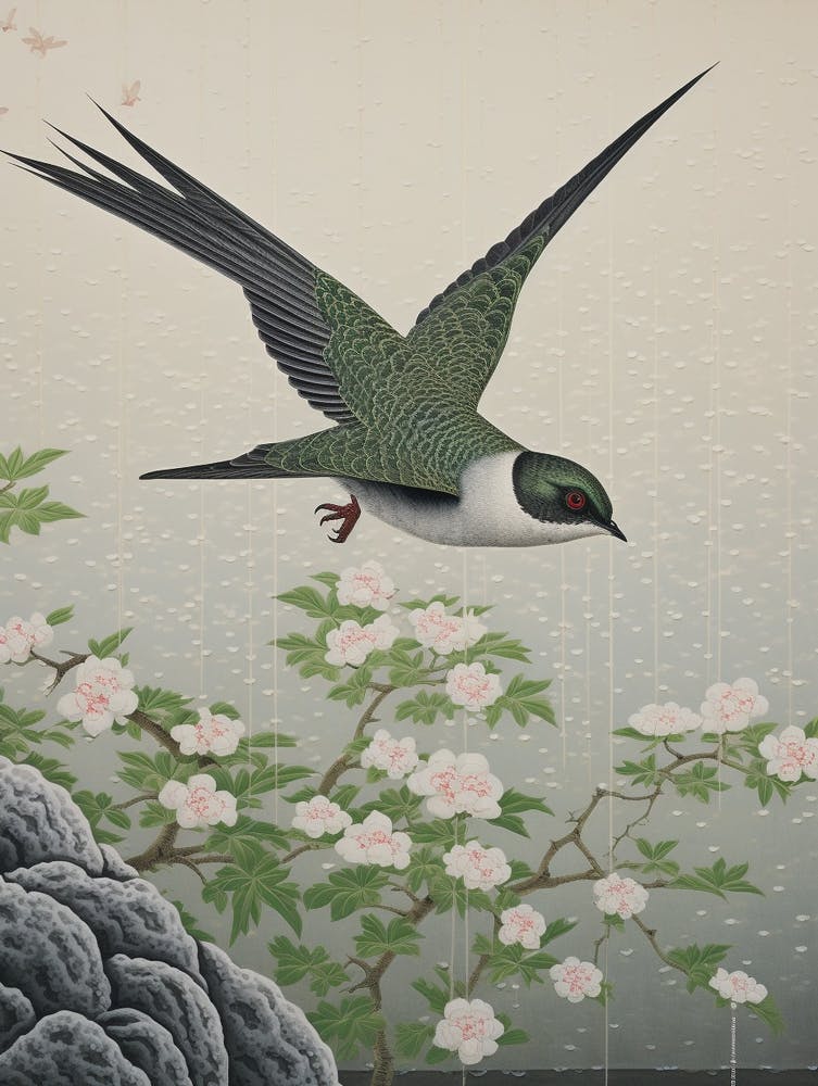 Ohara Koson Inspired Bird Painting Chimney Swift