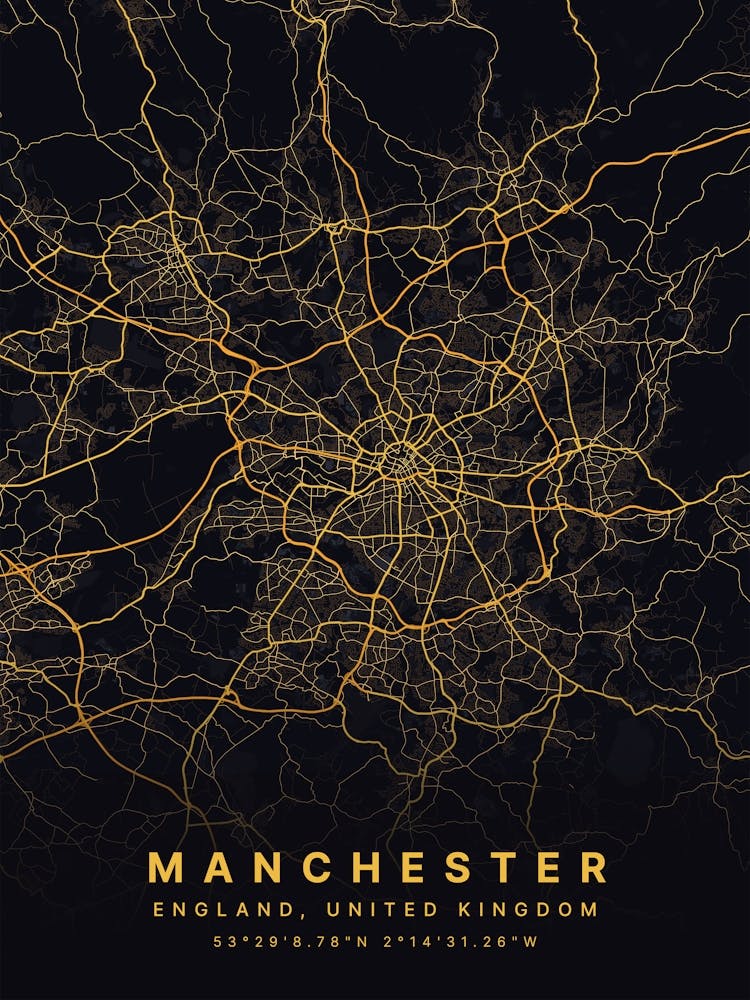Manchester England Black And Gold Map