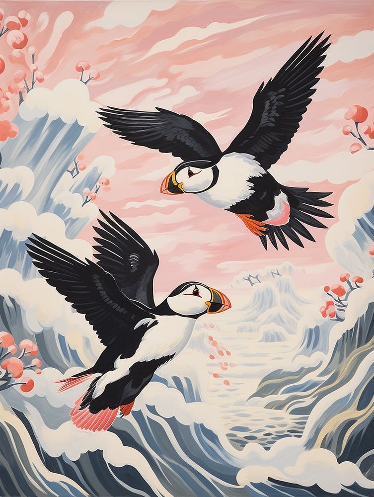 Estampe d'oiseau d'inspiration japonaise vintage Macareux 1