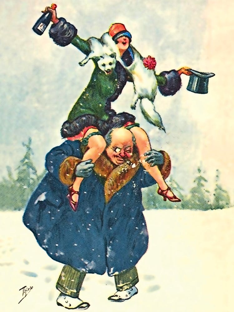 Lucky Old Man With His New Girlfriend On His Back Celebrating A New Year