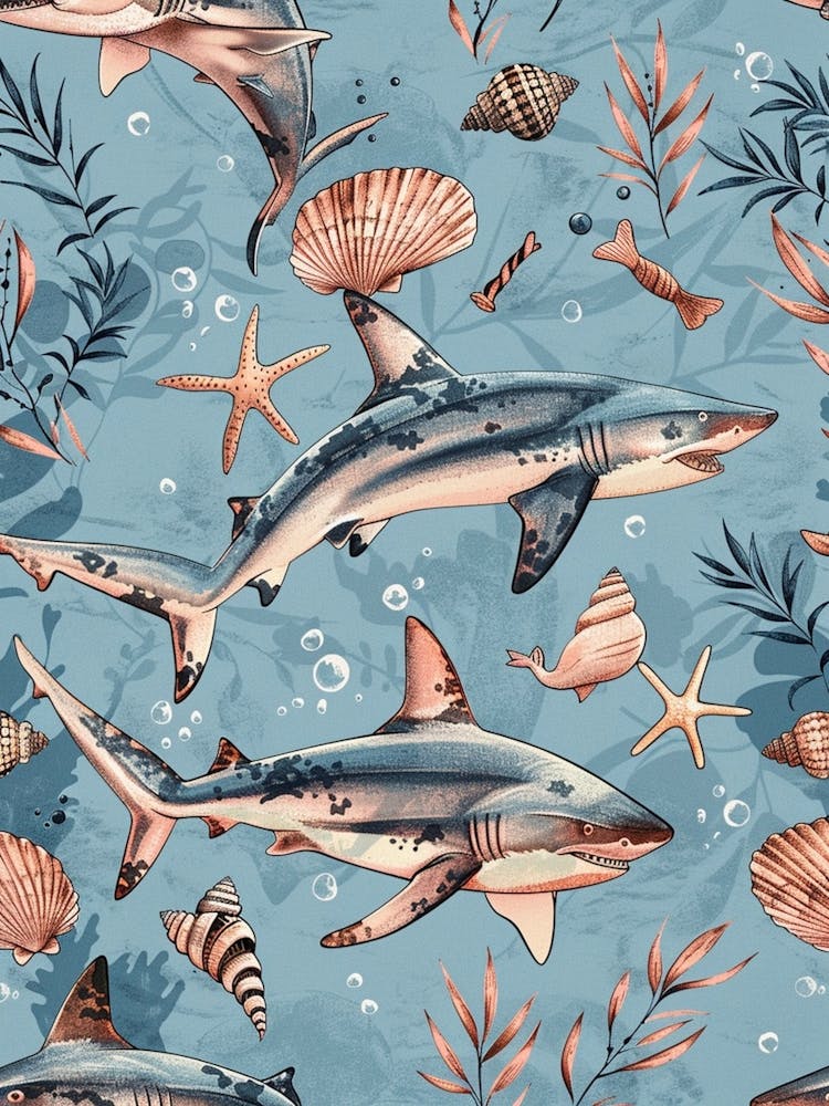 Pastel Blue Mako Shark Watercolour Seascape Pattern 1
