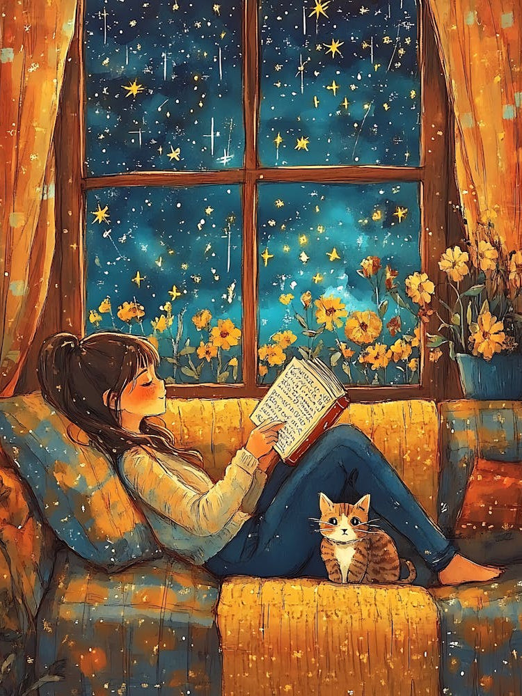 Girl Reading Book with Her Cat 11