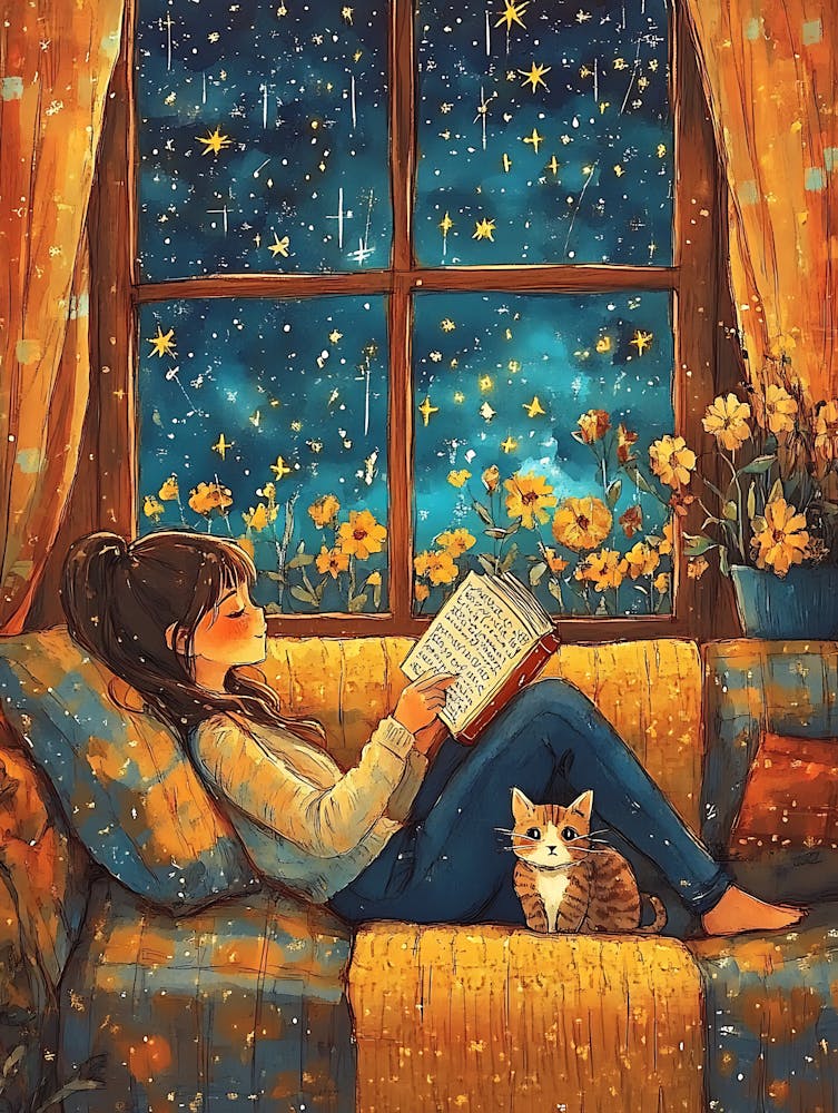 Girl Reading Book with Her Cat 11