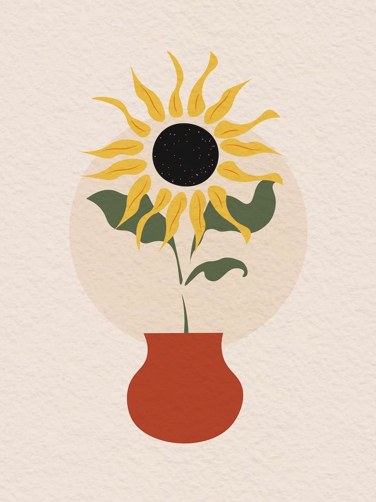 Vintage Minimal Art Sunflower In A Pot