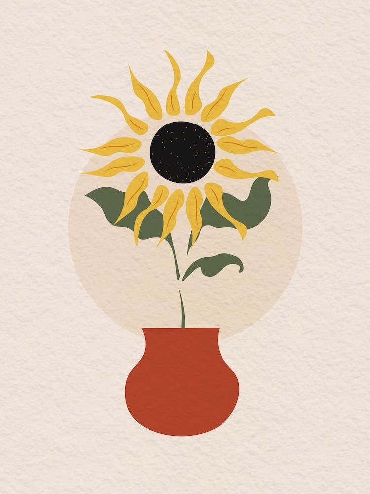 Vintage Minimal Art Sunflower In A Pot