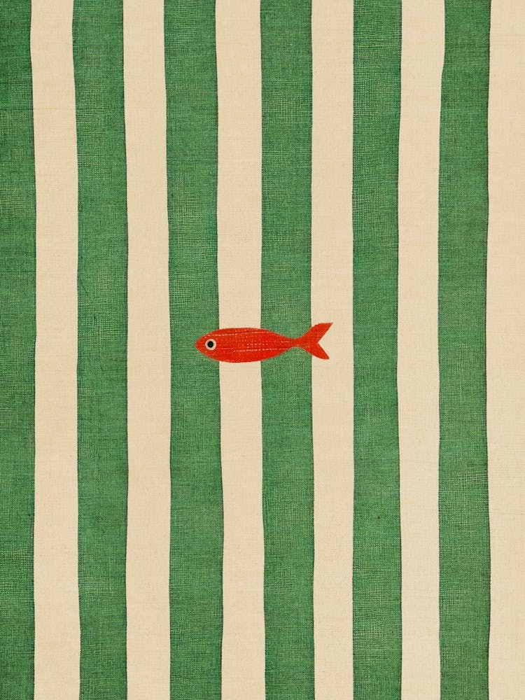Red Green Fish Painiting Eclectic Wall Art Fisherman Aesthetic Kitchen Decor