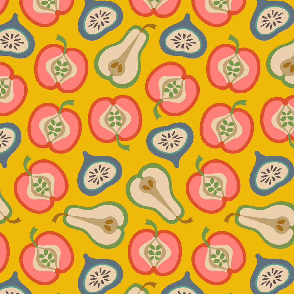 PLUMP Retro Ripe Summer Fruit Apple Pear Fig in 70s Mustard Yellow Avocado Green Pink Rust Orange